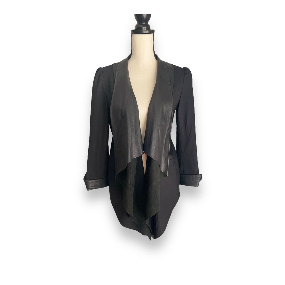 Alice + Olivia Black Wool Leather Draped Front Blazer Jacket Size Small